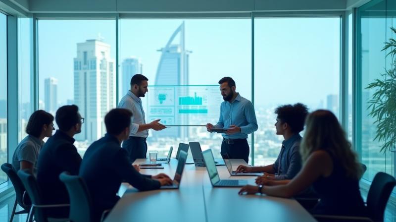 Team collaborating on mobile network deployment in modern Dubai office