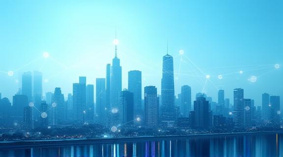 City skyline overlaid with digital connectivity graphics, reflecting advanced mobile network infrastructure