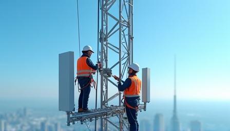 Engineers inspecting 5G antennas on high-rise tower