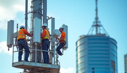 Technicians installing mobile broadband towers