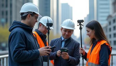 Team performing wireless signal testing in urban area